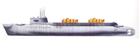 Rysunek okrętu z dobrze widocznymi miniaturowymi okrętami podwodnymi.