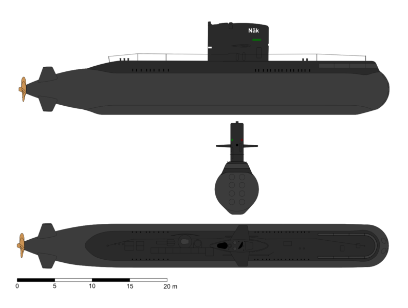 Widok okrętu podwodnego typu Näcken z boku, przodu i z góry. Rysunek przedstawia model okrętu bez napędu Sterlinga. / Rysunek: wikipedia.org