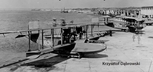Łodzie latające Curtiss H-16 (na lądzie) i HS-1L (na wodzie) w bazie Pensacola na Florydzie, 1918 rok. / Zdjęcie: NH&HC